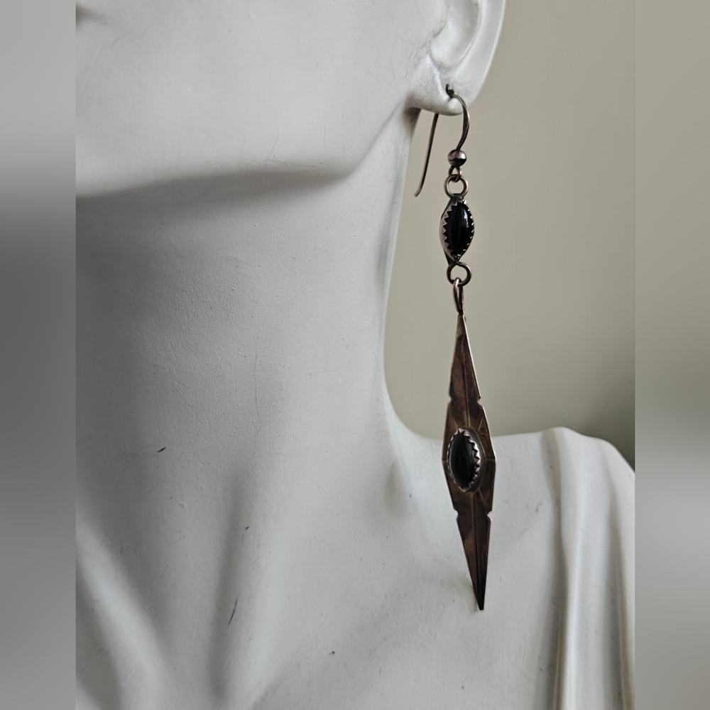 Vintage Lincoln Robert Navajo Silver Drop Earrings with Black Onyx Cabochon